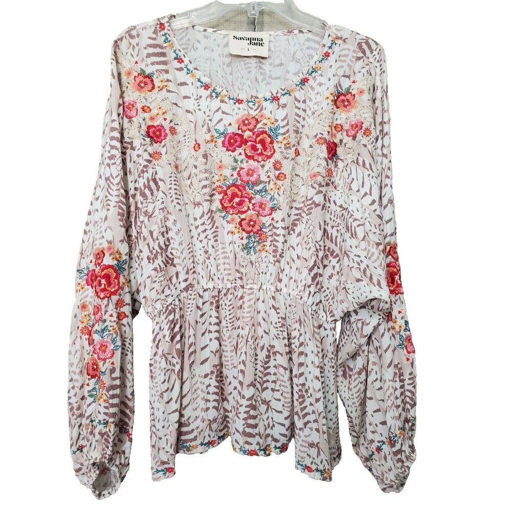 Savanna Jane Rayon Embroidered Metallic Thread Balloon Sleeve Tunic Size Large